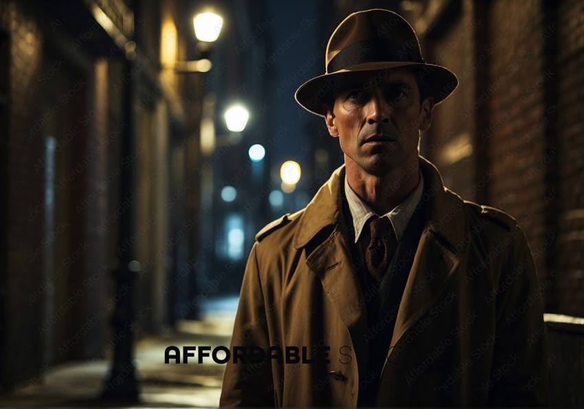 Detective in Trench Coat Standing in Alley at Night