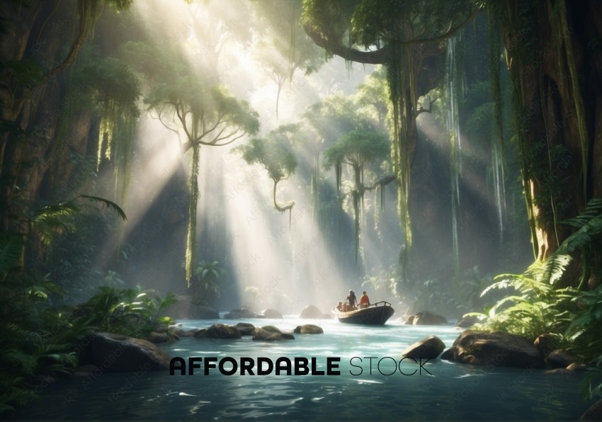 Sunlight Piercing Through Misty Jungle with Rowboat