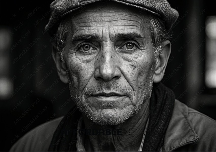 Elderly Man with Cap Black and White Portrait
