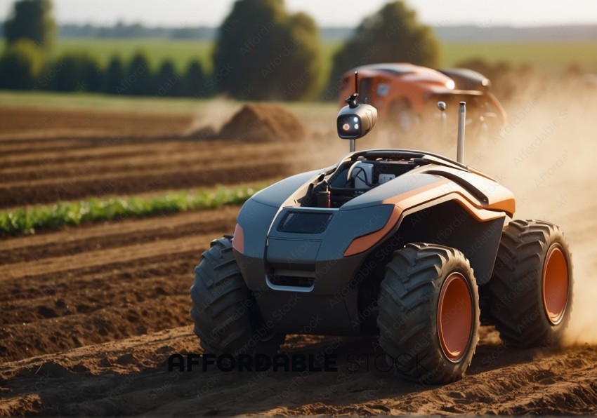 Autonomous Farming Tractor in Field at Sunset