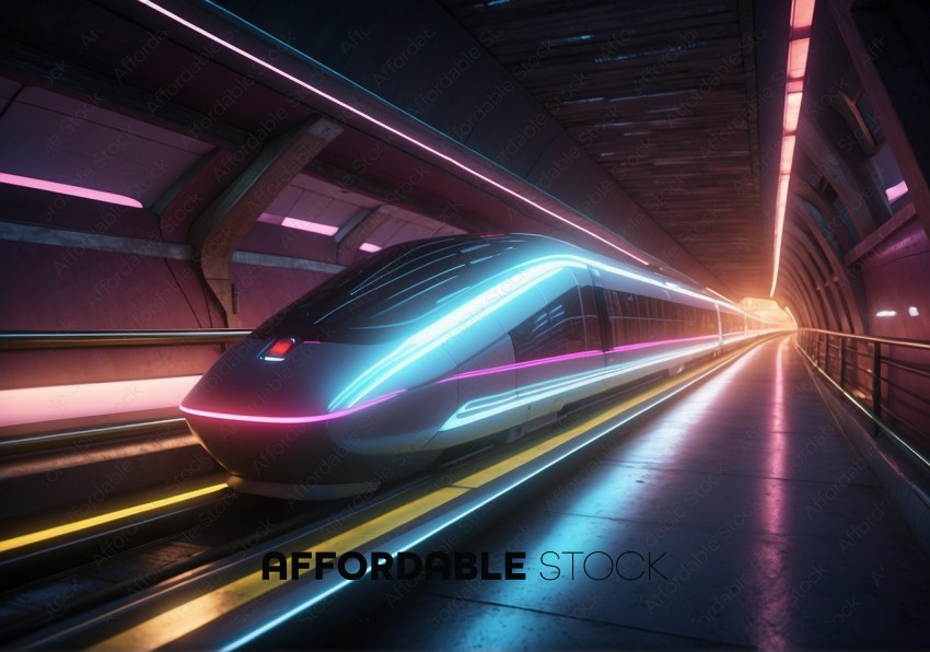 Futuristic Bullet Train in Neon-lit Tunnel