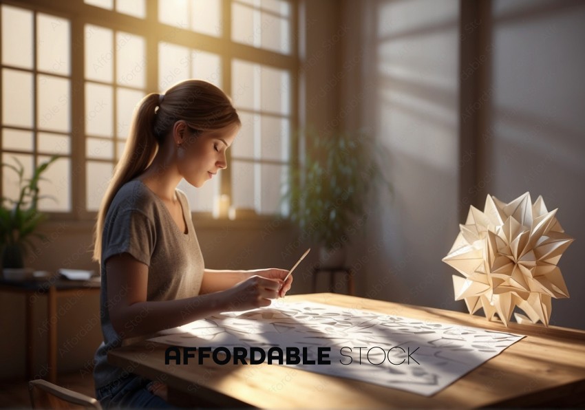 Woman Crafting Paper Art in Sunny Room