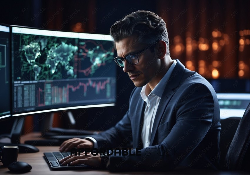 Businessman Analyzing Financial Data on Computer Screens
