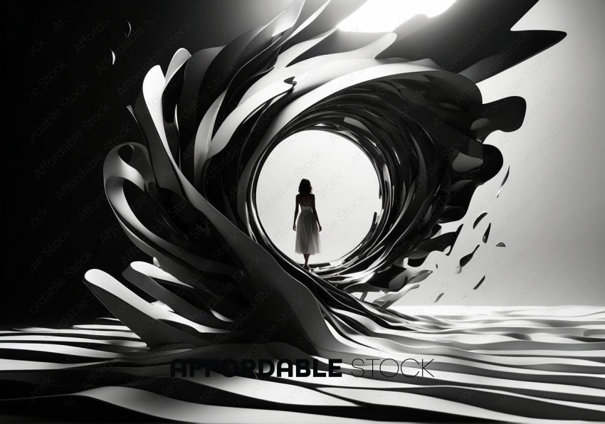 Woman in Abstract Swirling Monochrome Tunnel