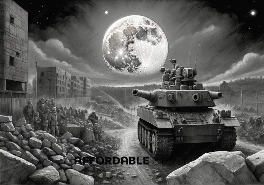 Post-Apocalyptic Cityscape with Military Tank and Large Moon