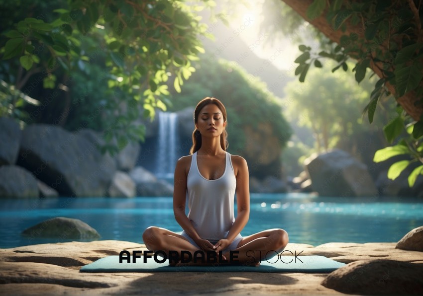 Woman Practicing Yoga by Tranquil Waterfall