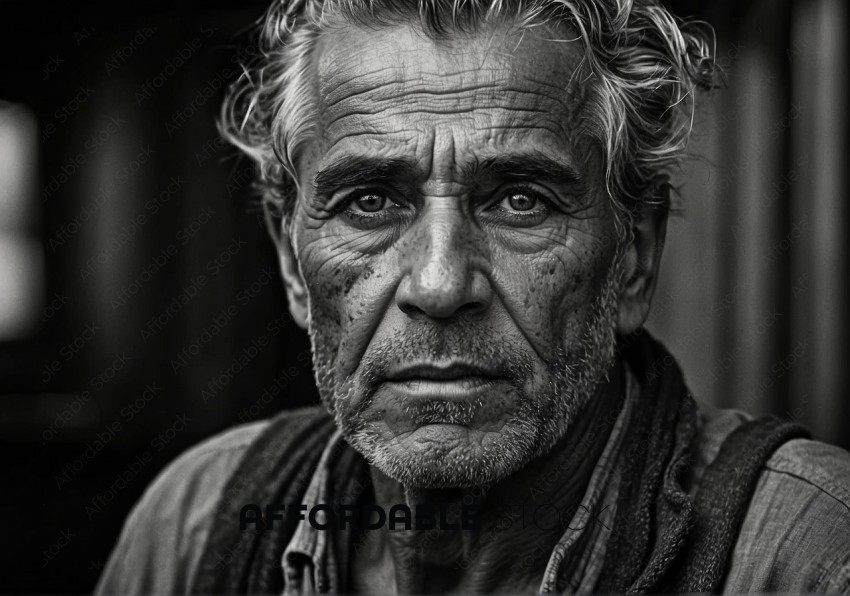 Black and White Portrait of a Weathered Older Man