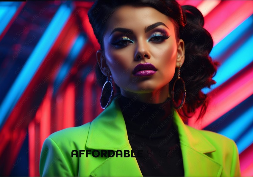 Fashion Model with Vivid Makeup in Neon Lights