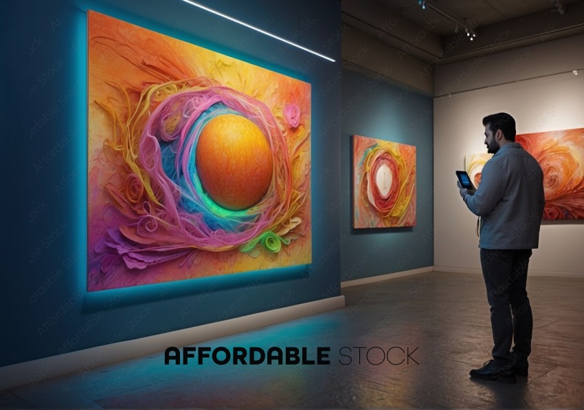 Man Viewing Abstract Art in Gallery