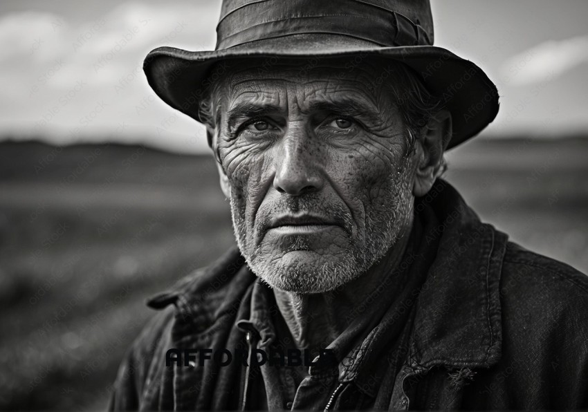 Elderly Man with Weathered Face in Black and White