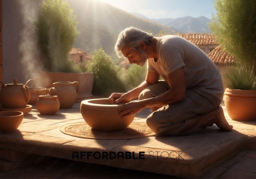 Senior Man Crafting Pottery Outdoors