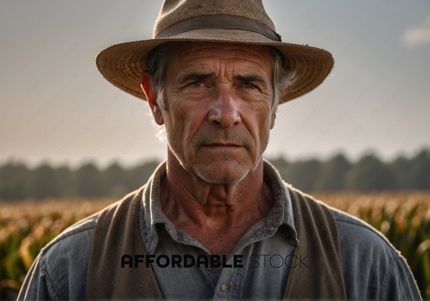 Portrait of a Senior Farmer in a Cornfield at Sunset