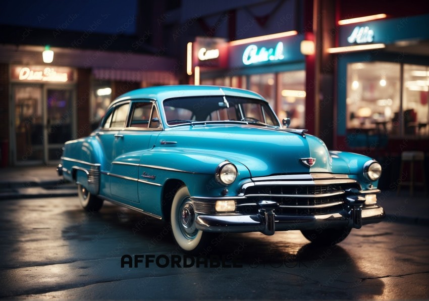 Vintage Car Parked at Diner During Twilight