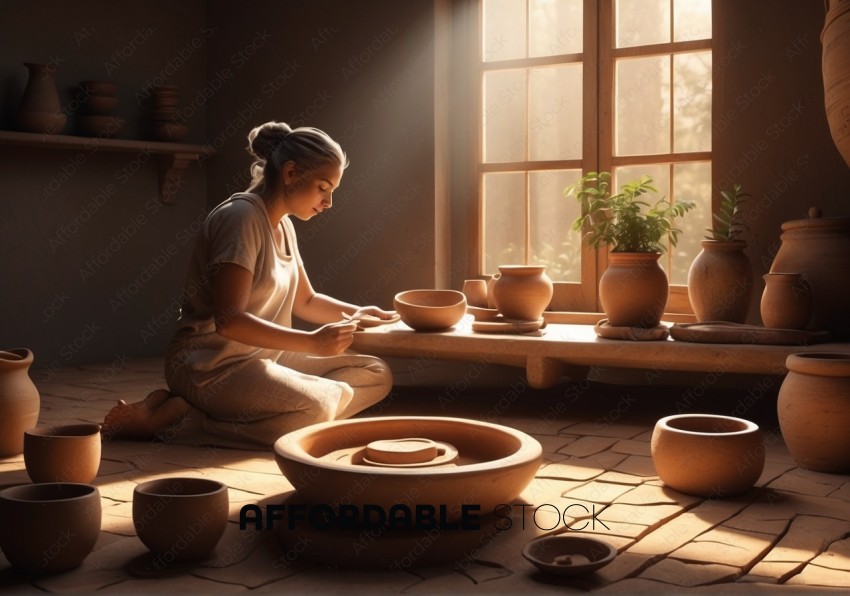 Potter Shaping Clay in Sunlit Workshop