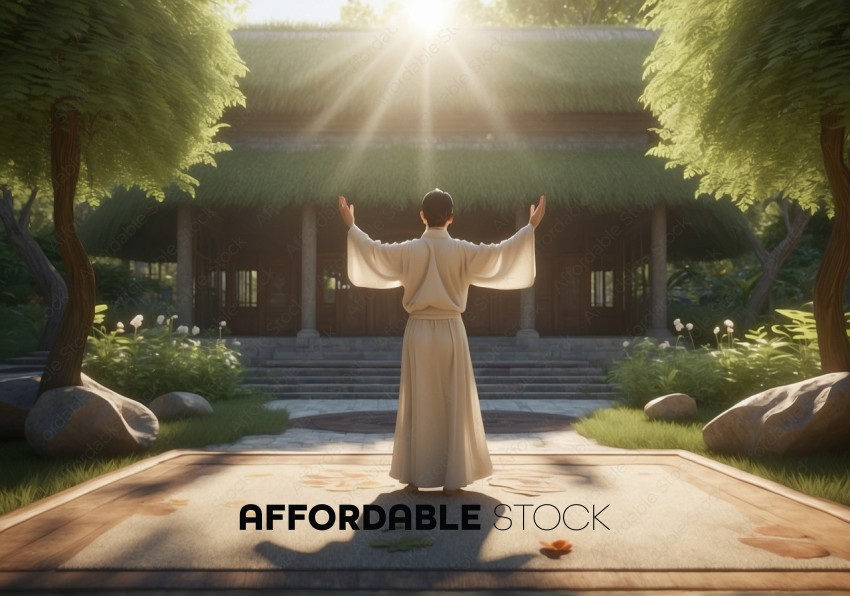 Person Embracing Sunlight in Traditional Garden
