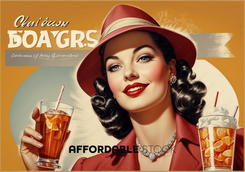 Vintage Style Fashion Model with Beverages