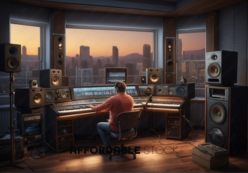 Producer in Modern Recording Studio at Sunset