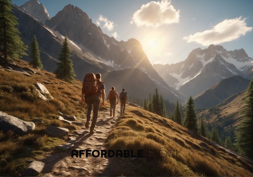 Group of Hikers on Mountain Trail at Sunset