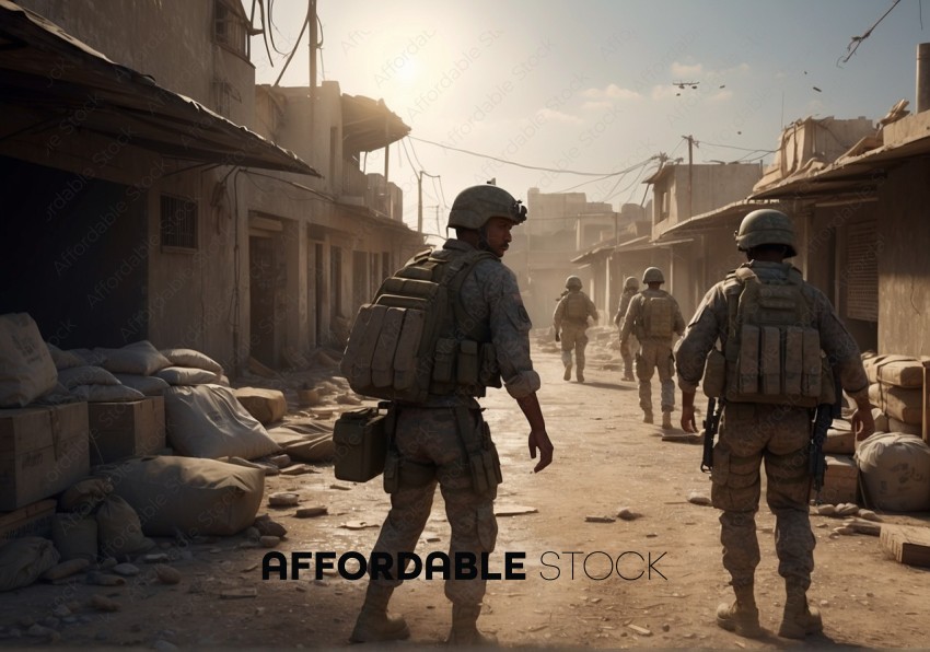 Soldiers Patrolling Dusty Middle Eastern Street