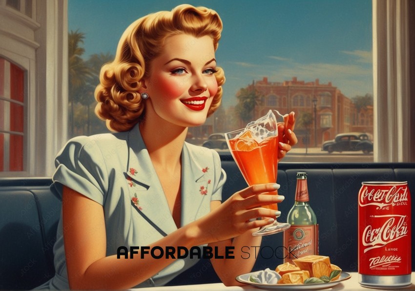 Vintage Woman Enjoying a Soda Drink