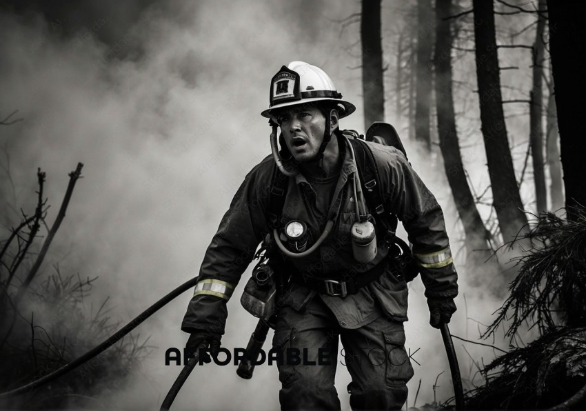 Firefighter in Action Battling Wildfire