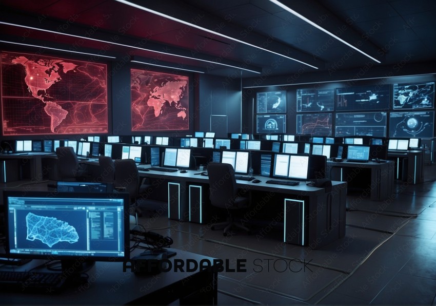 High-Tech Command Center with Global Maps