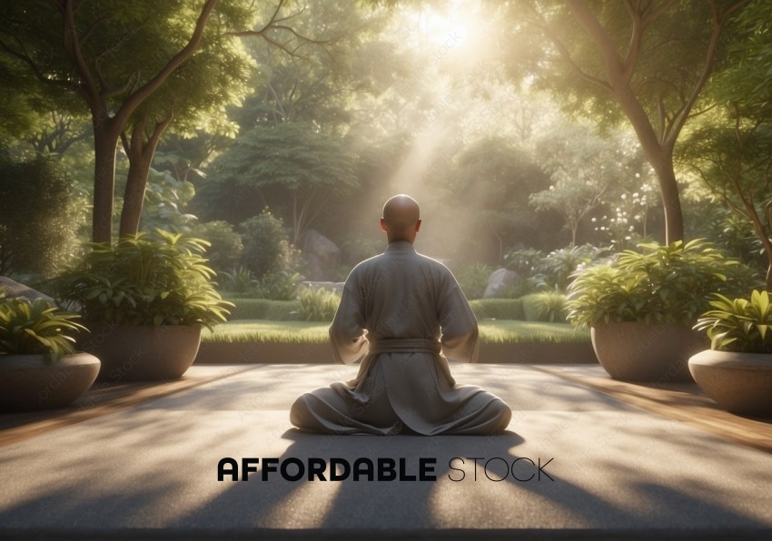 Meditating Monk in Peaceful Garden at Sunrise