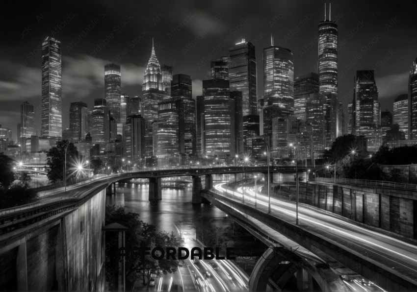 Black and White Cityscape with Illuminated Skyscrapers