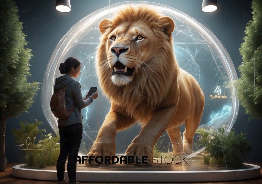 Woman Interacting with Virtual Reality Lion Exhibit
