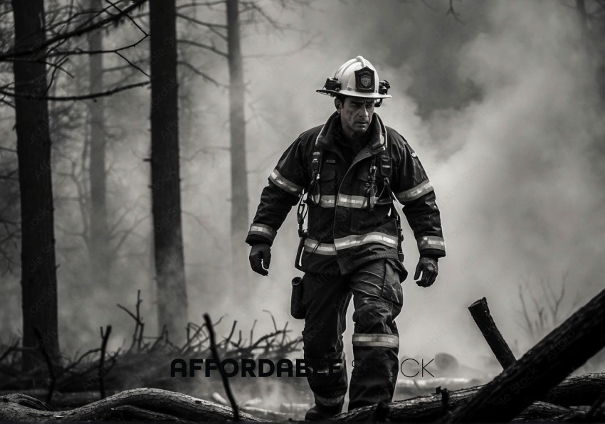 Firefighter in Smoke-Filled Forest