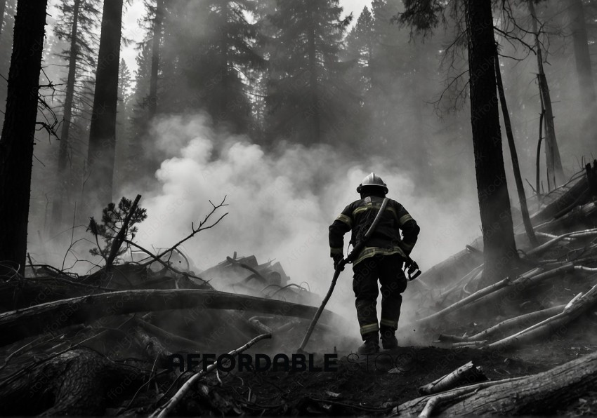 Firefighter in Smoky Forest