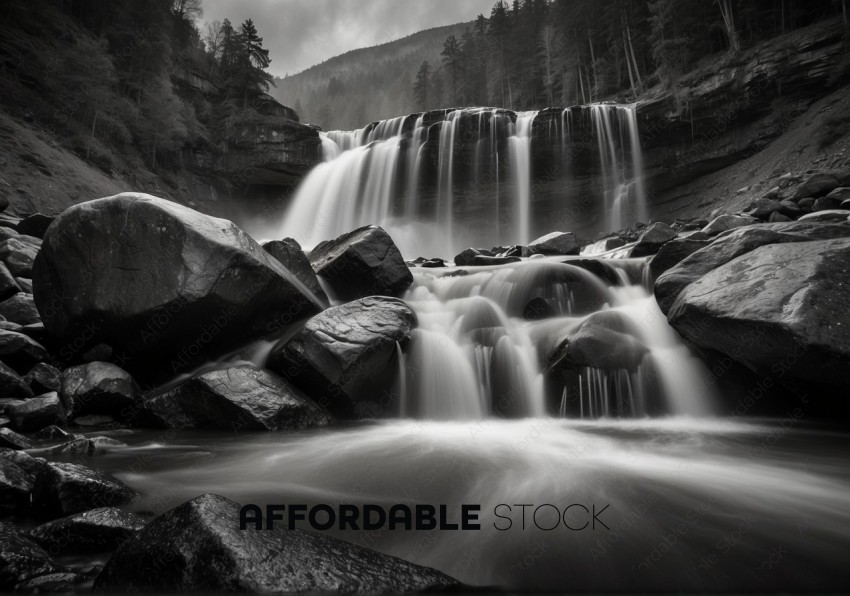 Serene Waterfall and Rocks in Monochrome