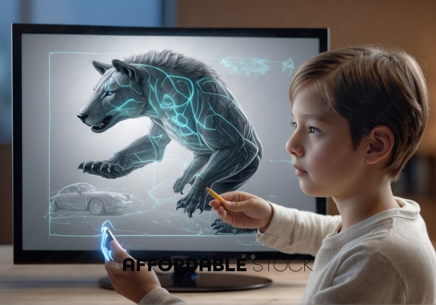 Child Interacting with 3D Lion Projection