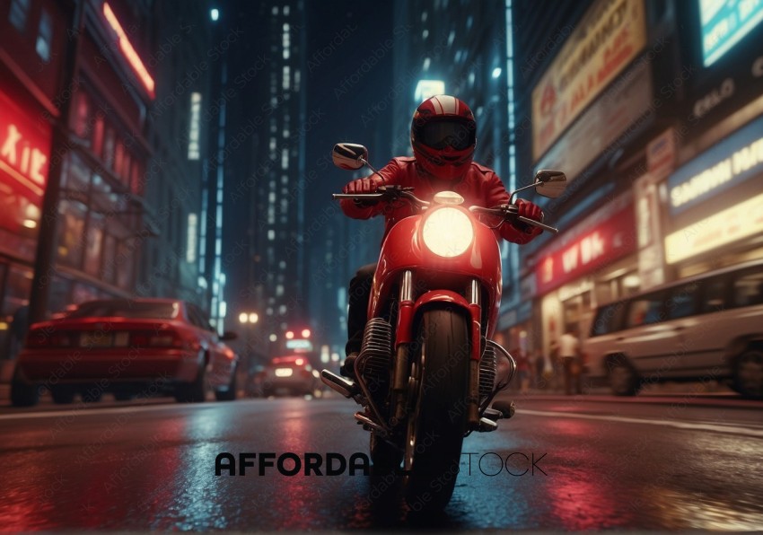 Motorcyclist Riding at Night in Urban Setting