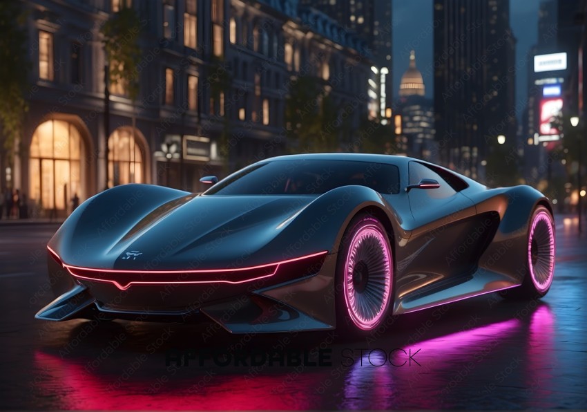 Futuristic Sports Car Illuminated on City Street