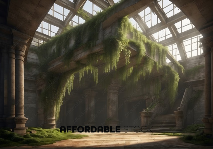 Sunlit Abandoned Temple With Overgrown Foliage