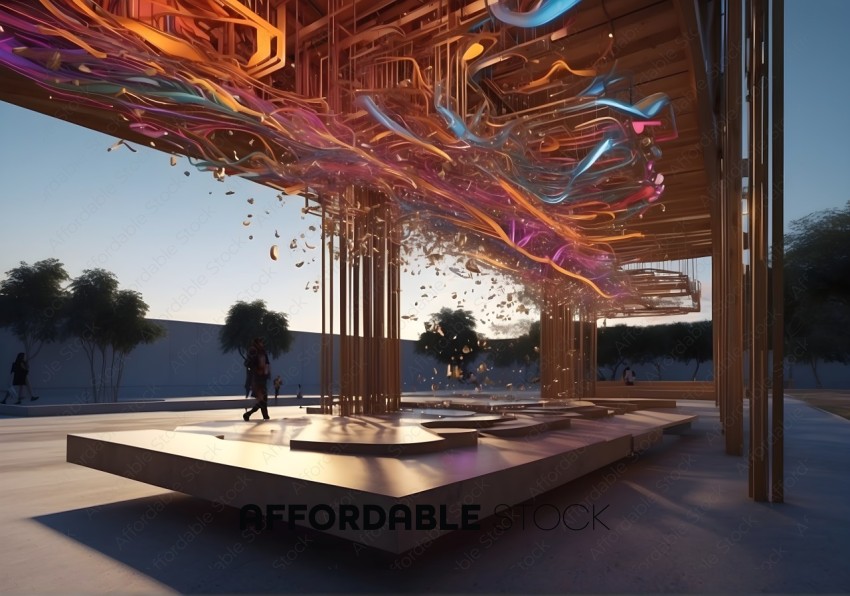 Futuristic Pavilion Design with Fluid Art Installation