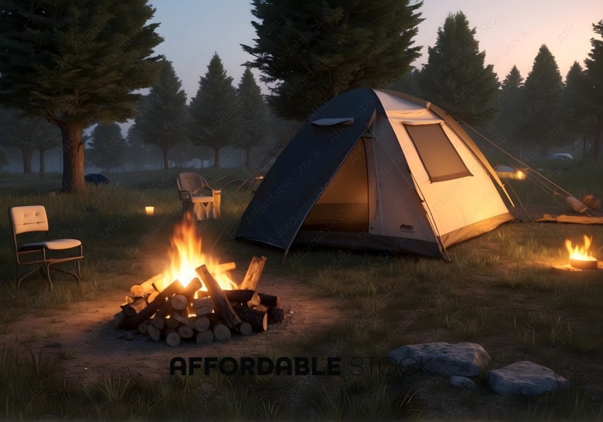Twilight Camping Scene with Tent and Campfire