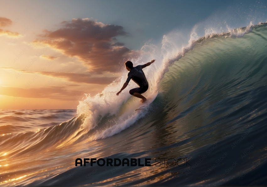 Surfer Riding Wave at Sunset