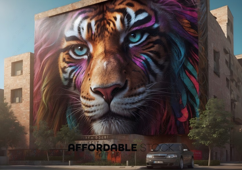 Colorful Tiger Mural on Urban Building