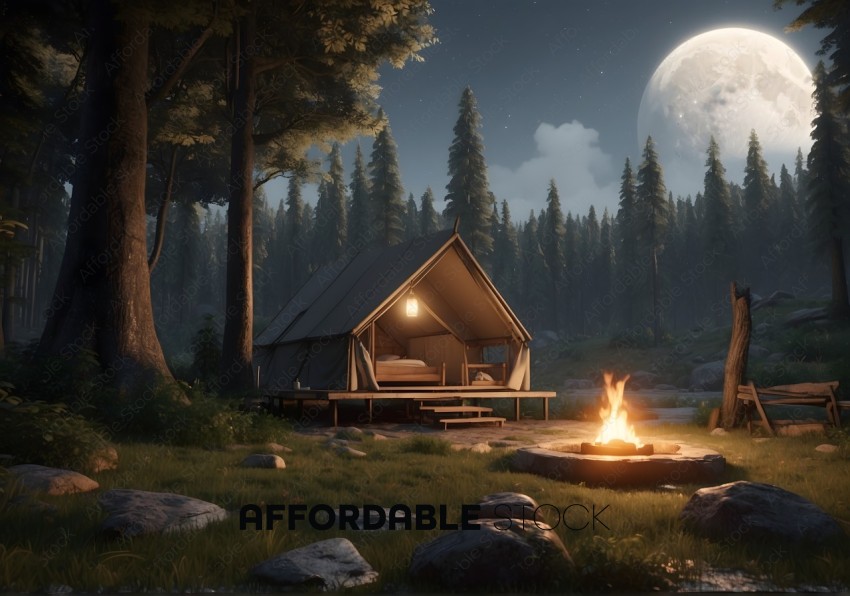 Moonlit Glamping Site with Campfire