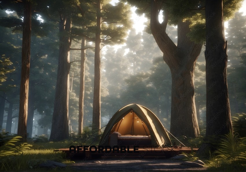 Serene Camping Scene in Misty Forest at Sunrise