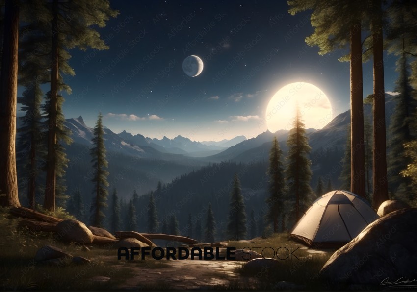 Moonlit Camping in Forested Mountains