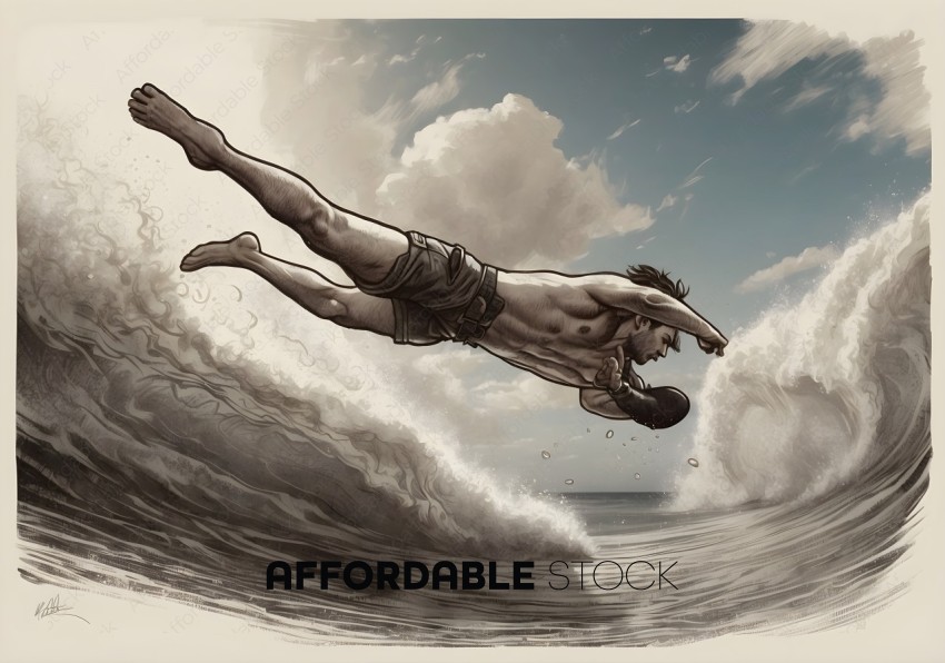 Monochrome Illustration of Man Surfing the Waves