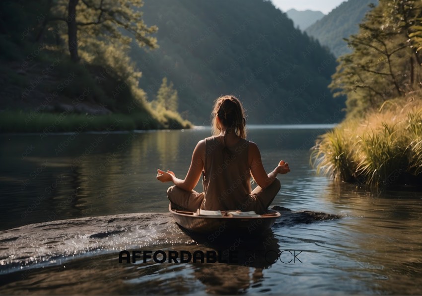 Woman Meditating on Lake at Sunset
