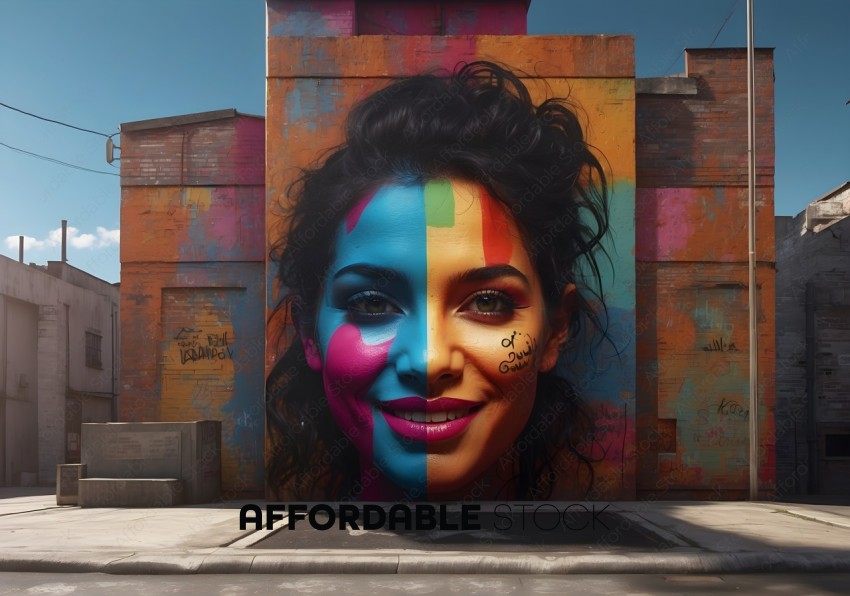 Colorful Mural of Woman's Face on Urban Building