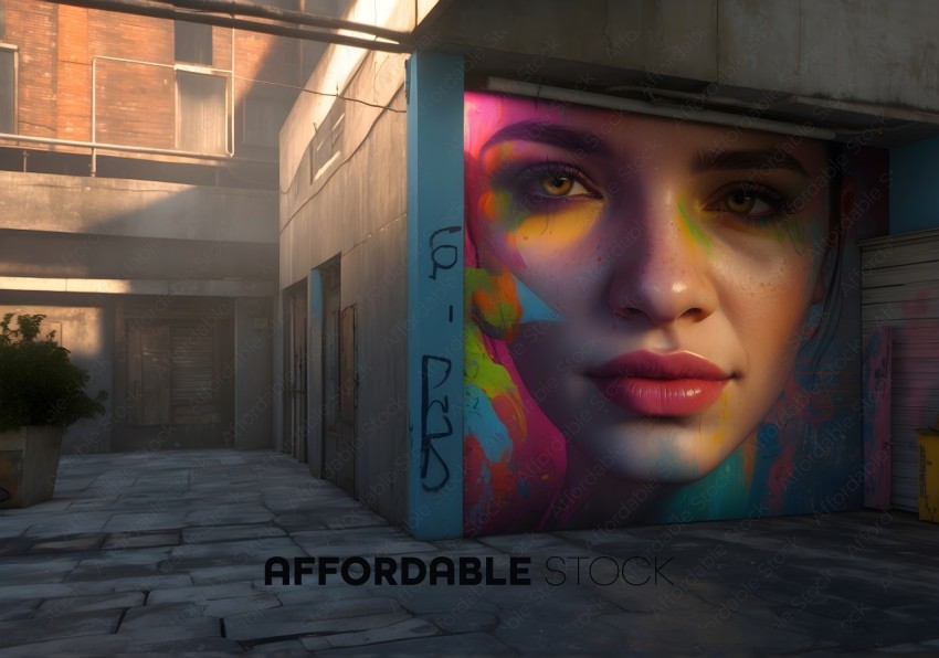 Urban Alleyway with Colorful Mural of Woman's Face