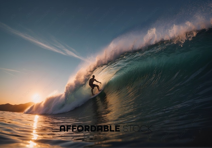 Surfer Riding Wave at Sunset