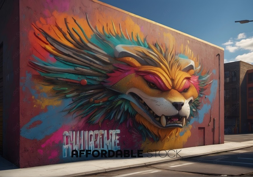 Colorful Lion Mural on Urban Building Wall