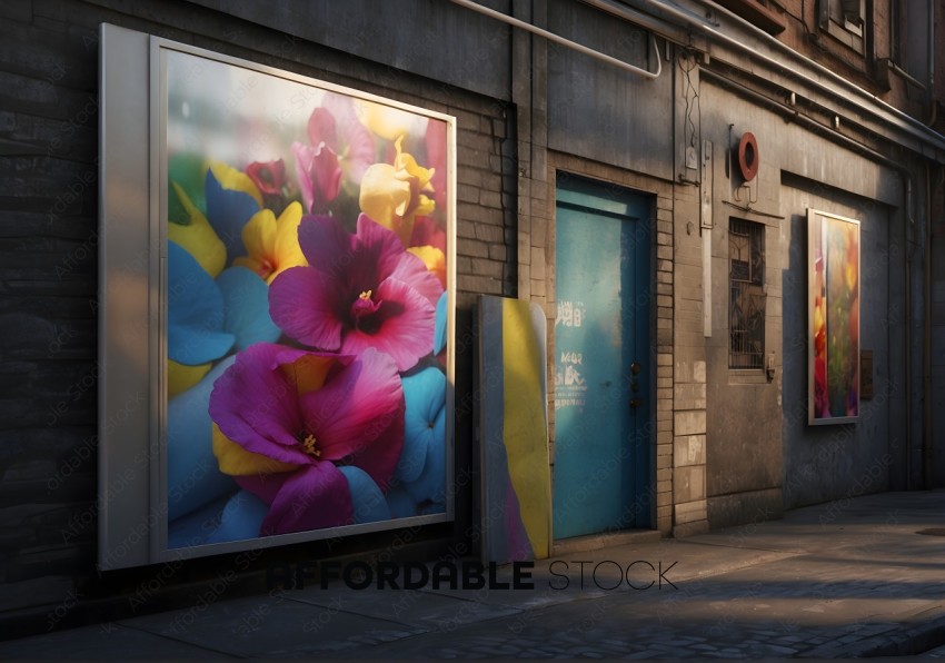 Urban Street with Vibrant Floral Artwork Displays